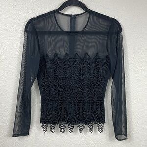 Vintage JR Nites by Caliendo Black Sheer Mesh Long Sleeve Guipure Lace Top Sz 6